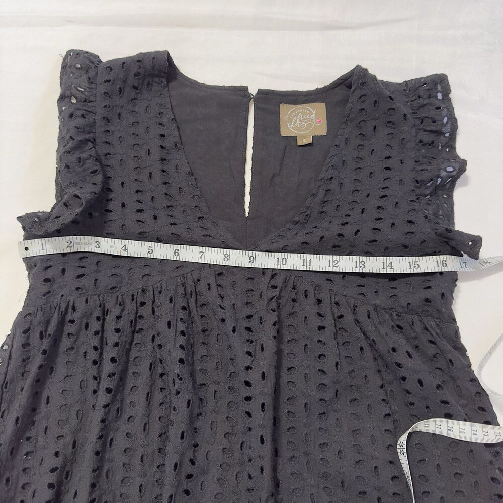 Southern Fried Chics Mini Dress Black Sz Small Babydoll Eyelet  Pockets Cotton - Picture 3 of 9